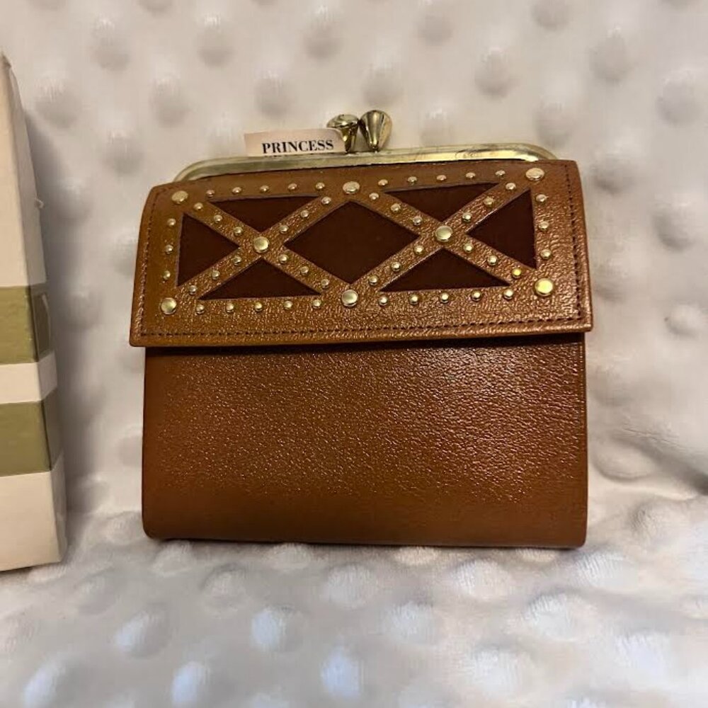 Princess Gardner Vintage French Purse Wallet - Tan Leather w/Gold Studs
